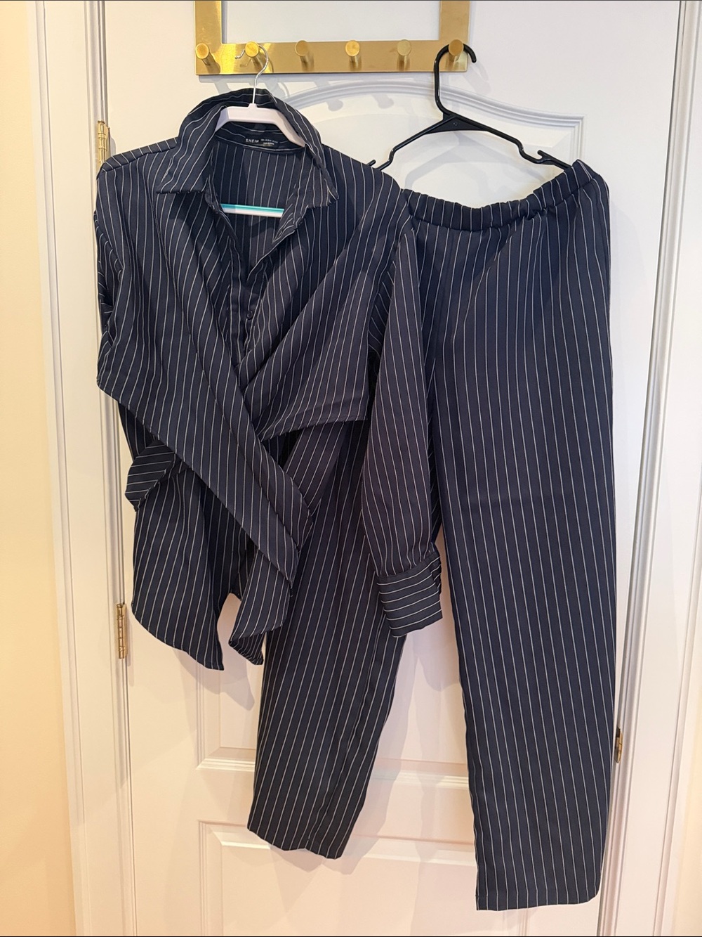 SHEIN Navy Pinstripe Two-Piece Shirt & Pants Set